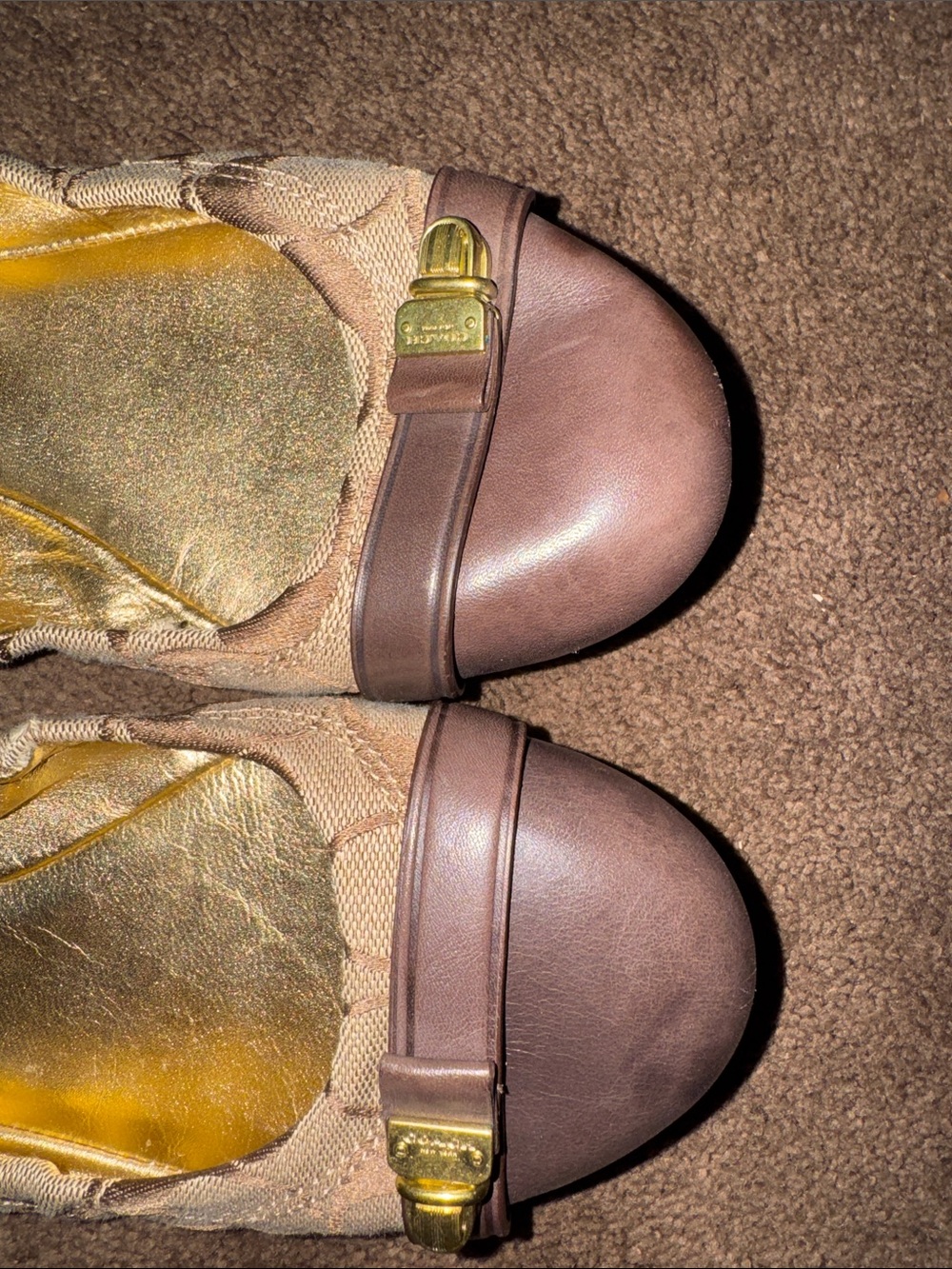 Coach Tan Signature Canvas and Brown Leather Toe Ballet Flats with Gold Buckle - Picture 4 of 6